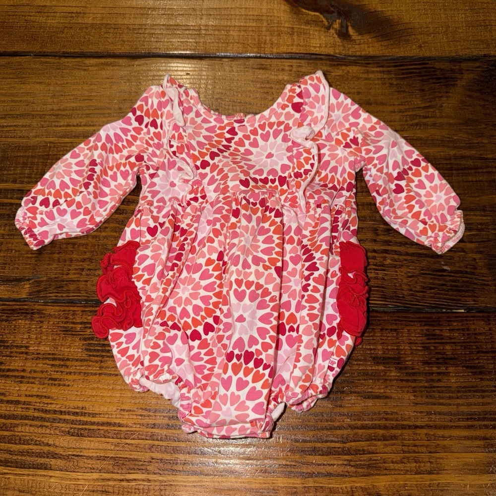 Rufflebutts Pink Kaleidoscope Hearts LS Waterfall Bubble Romper 6-12 Months Girl